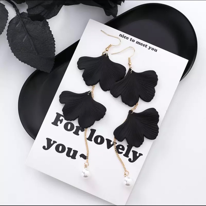 Black Flower Petals Pearl Drop Dangle Earrings